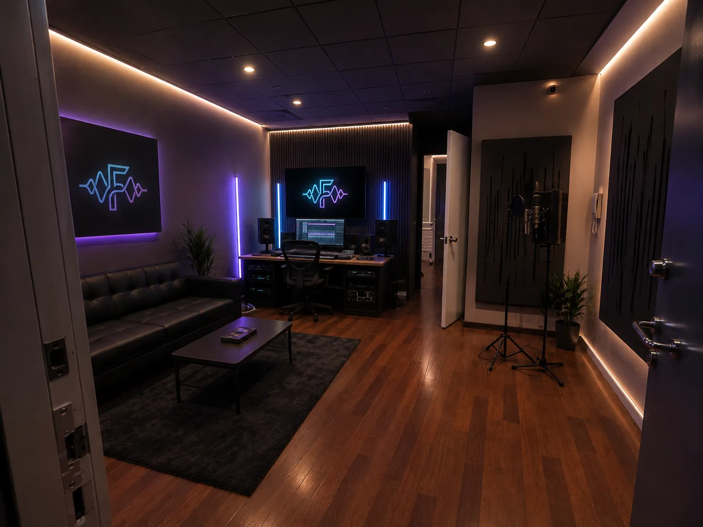Sala principal con estación de control y cabina de voces
